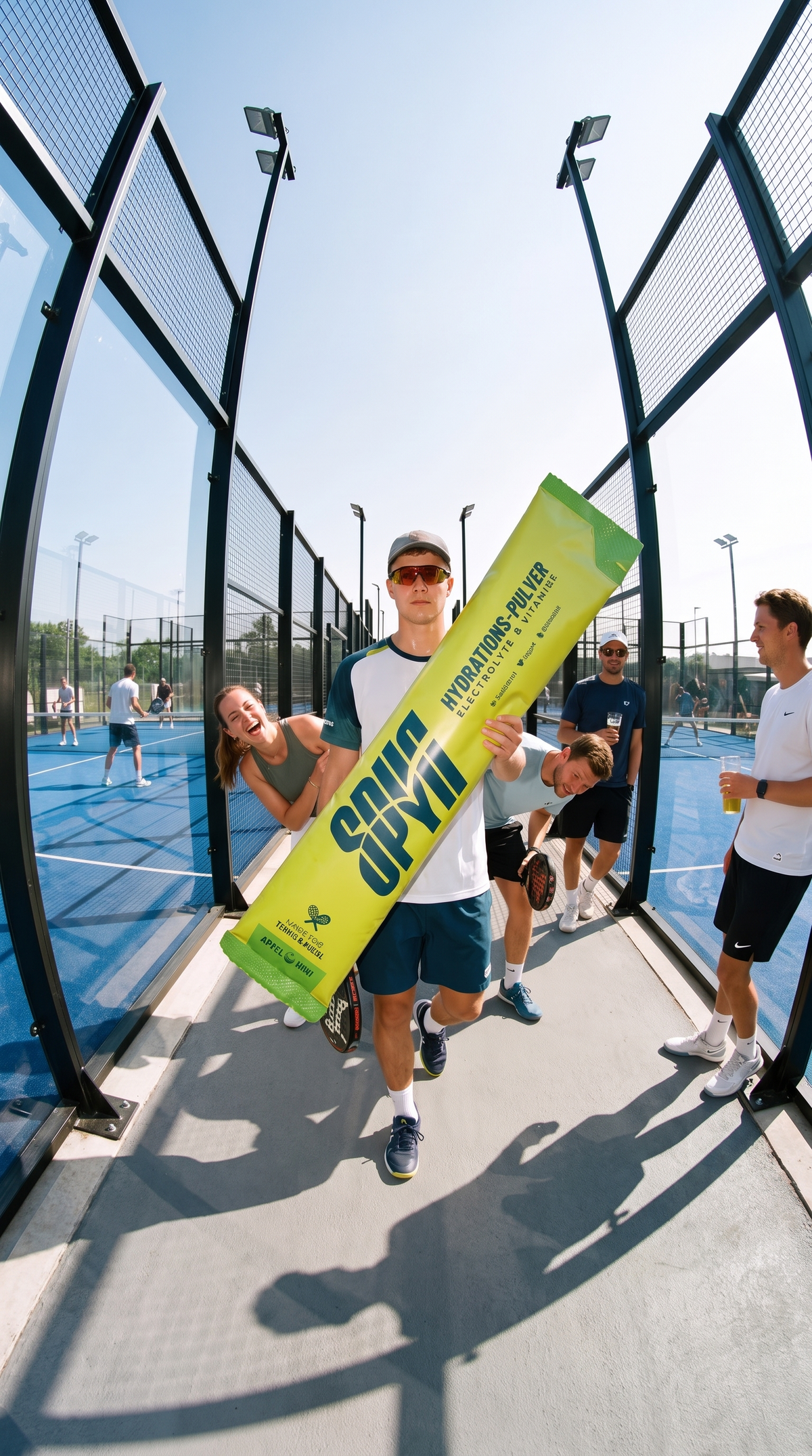 Spieler tragen einen riesigen SPYN Stick durch einen Padelplatz